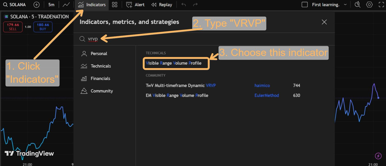 How to find VPVR in the TradingView indicators menu