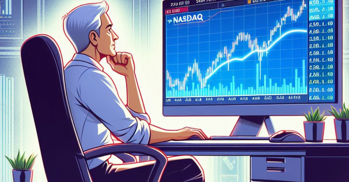 A Middle Aged Person Watch NASDAQ On Monitor