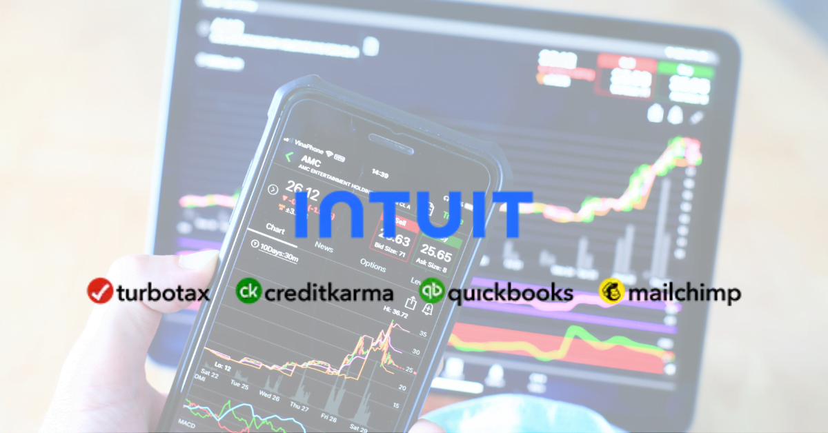 Intuit Logo In Front Of A Mobile Phone On Which Stocks Trading App Is Opened