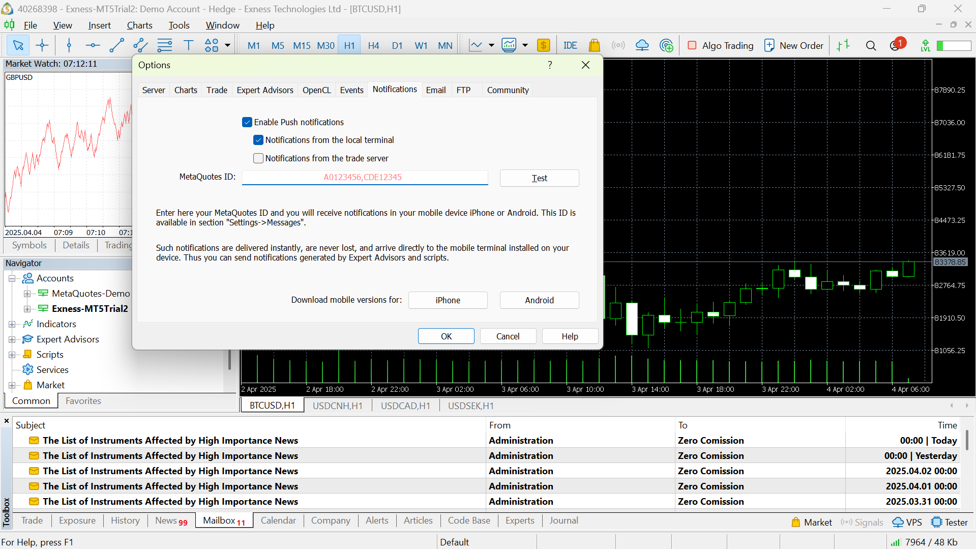MetaTrader 5 Notifications